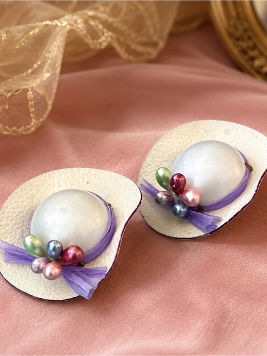 Jewelry - Vintage Pearl Cluster White Hat Earrings with Purple Ribbon. Made in Germany.